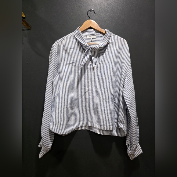 Frame Denim Tops - Frame Handkerchief Button Down Tie Collar Blue White Striped Linen Women L